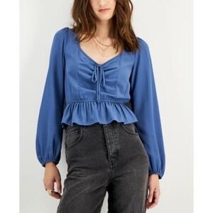 KINGSTON GREY Womens Blue Tie Open Back Cinched Blouson Sleeve Sweetheart size S